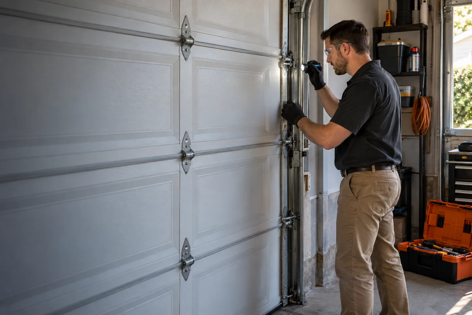 Technician inspecting a residential garage door